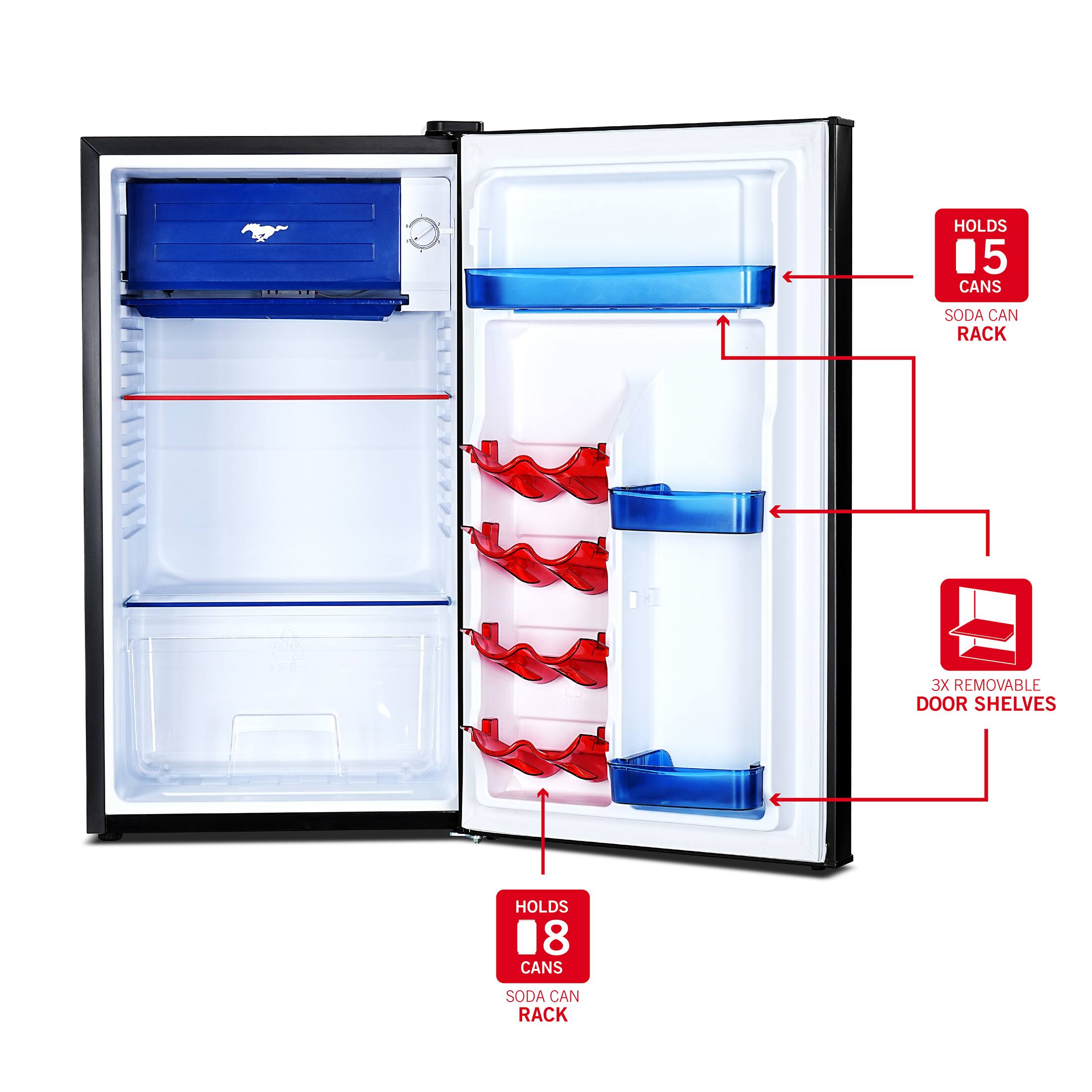 HOLDS 15 CANS  
SODA CAN RACK  
3X REMOVABLE DOOR SHELVES  
HOLDS 18 CANS  
SODA CAN RACK