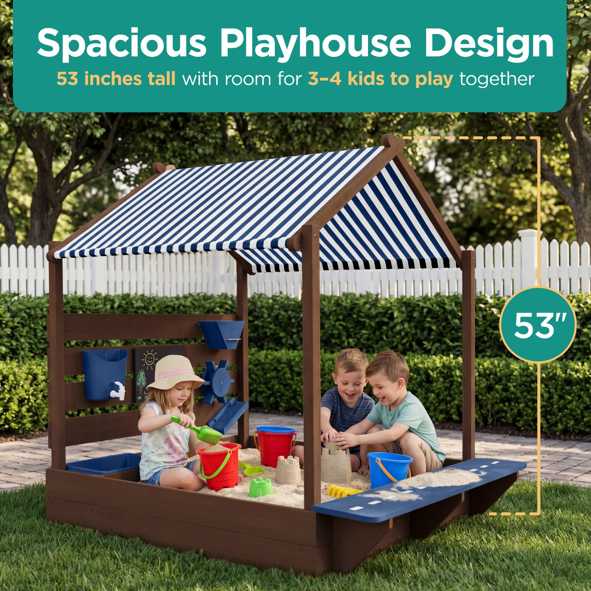 Spacious Playhouse Design  
53 inches tall with room for 3-4 kids to play together  
53"