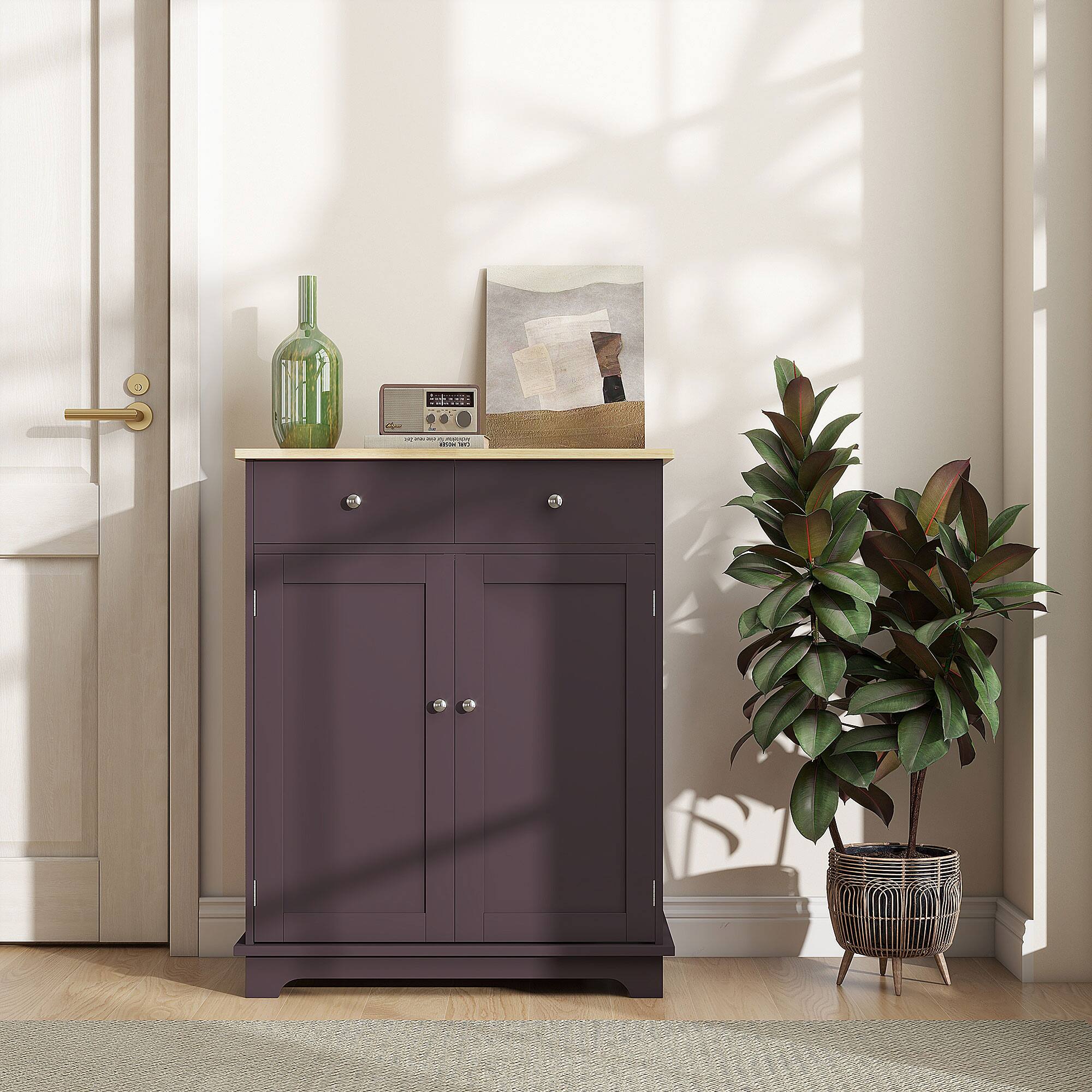 Alt View 7. Homcom - Sideboard with Solid Wood Countertop, Modern Kitchen Storage Cabinet, Coffee Bar Cabinet with 2 Drawers - Coffee.