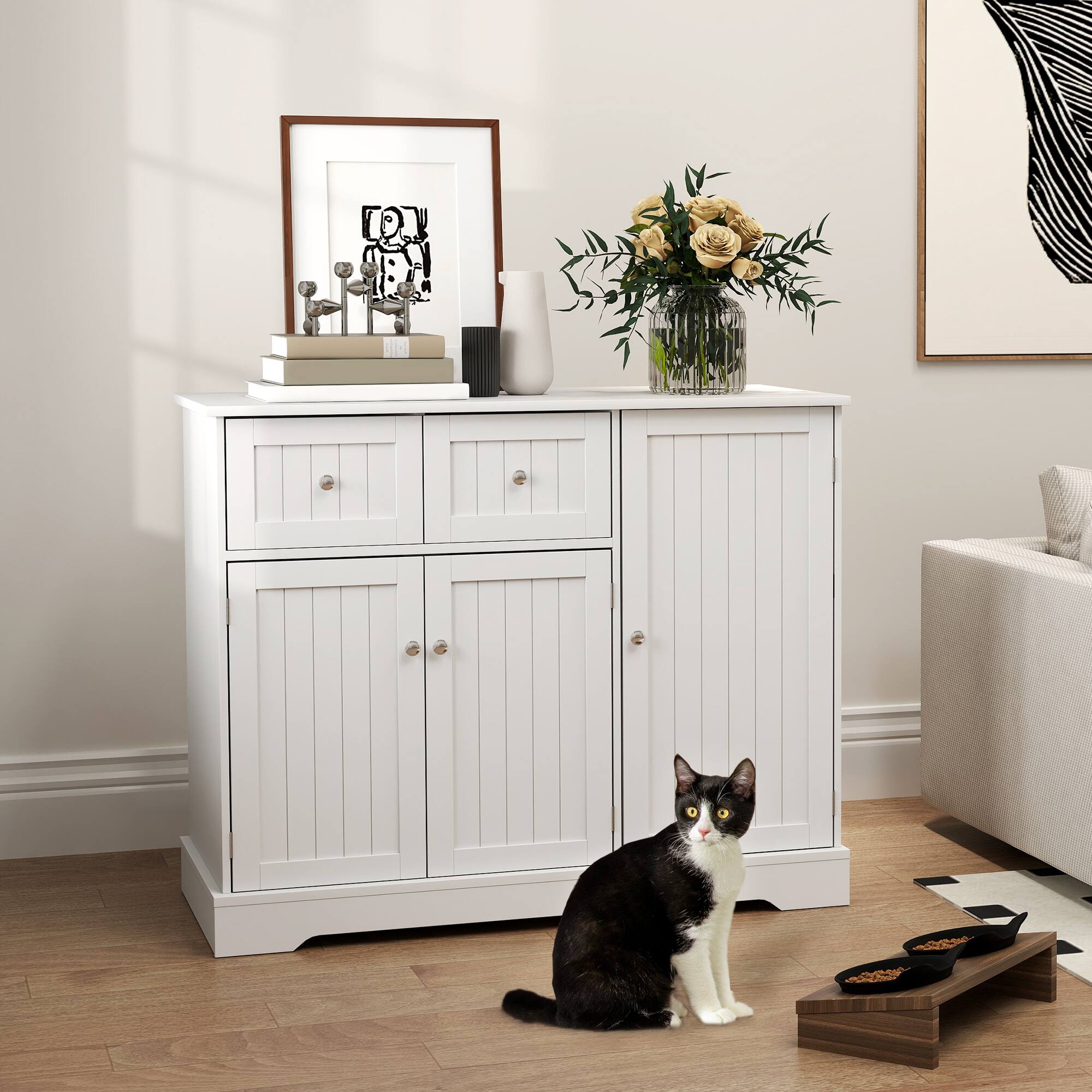 Alt View 1. Pawhut - Litter Box Enclosure with Drawers, Storage, Anti-tip Kit - White.