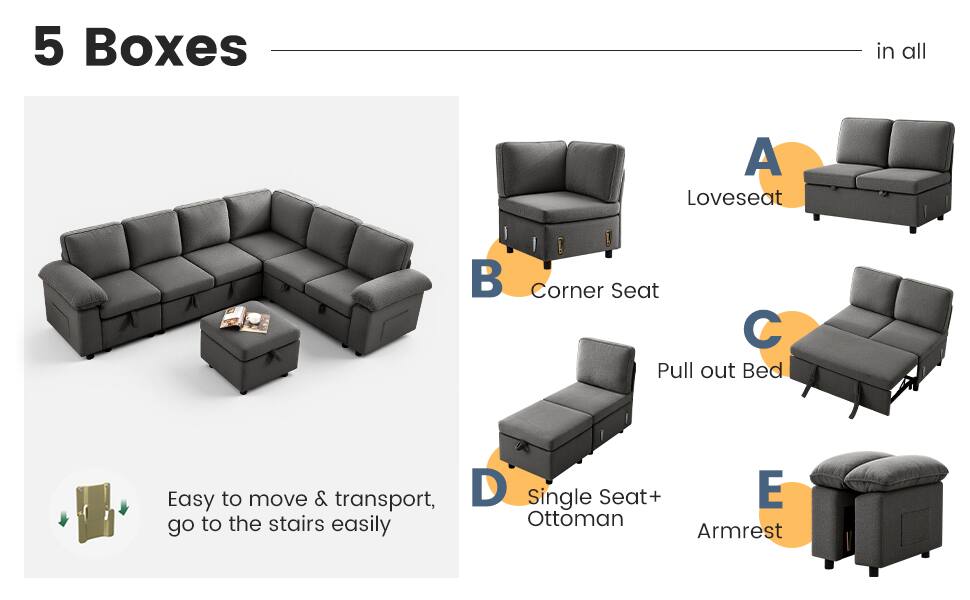 5 Boxes in all

A. Loveseat  
B. Corner Seat  
C. Pull out Bed  
D. Single Seat + Ottoman  
E. Armrest  

Easy to move & transport, go to the stairs easily