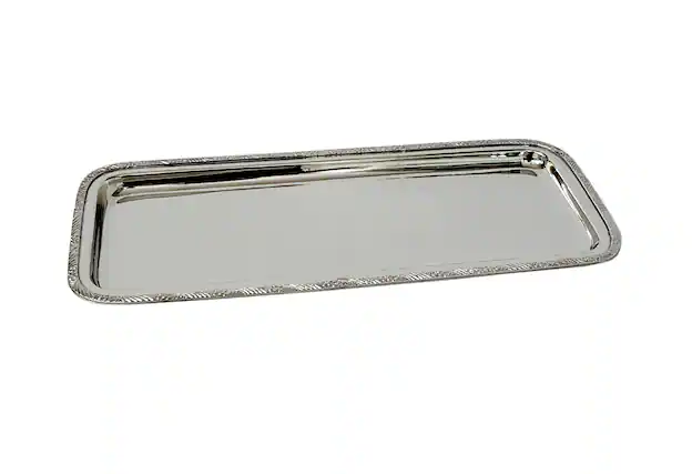 Front. Jiallo - Rectangular Stainless Steel Serving Tray with Textured Designer Rim, 15x6" - Silver.