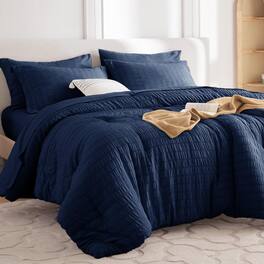 Dazzed Corner - Seersucker 5/7 Pieces Bed in a Bag Comforter Set with Sheets, Pillowcases & Shams - Navy Blue