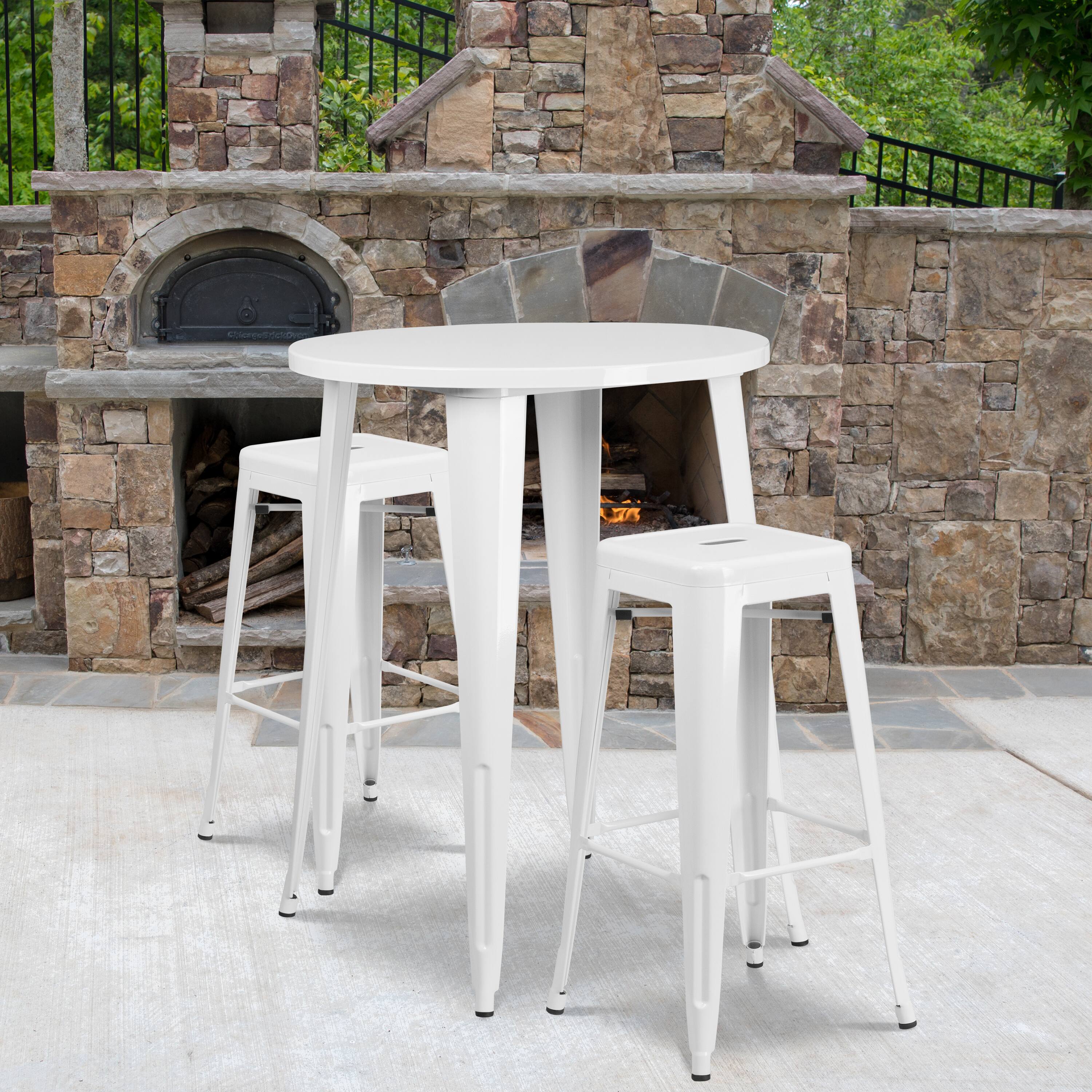 Alt View 1. Emma + Oliver - Commercial Grade 30" Round Metal Indoor-Outdoor Bar Table Set, 2 Backless Stools - White.