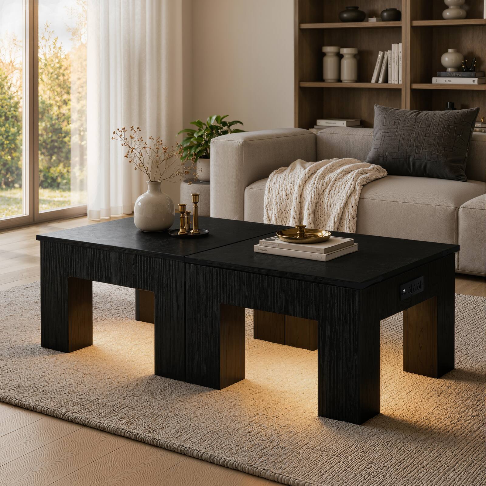 Alt View 3. Aheaplus - Square Coffee Table with Charging Station and LED Lights for Living Room - Black.