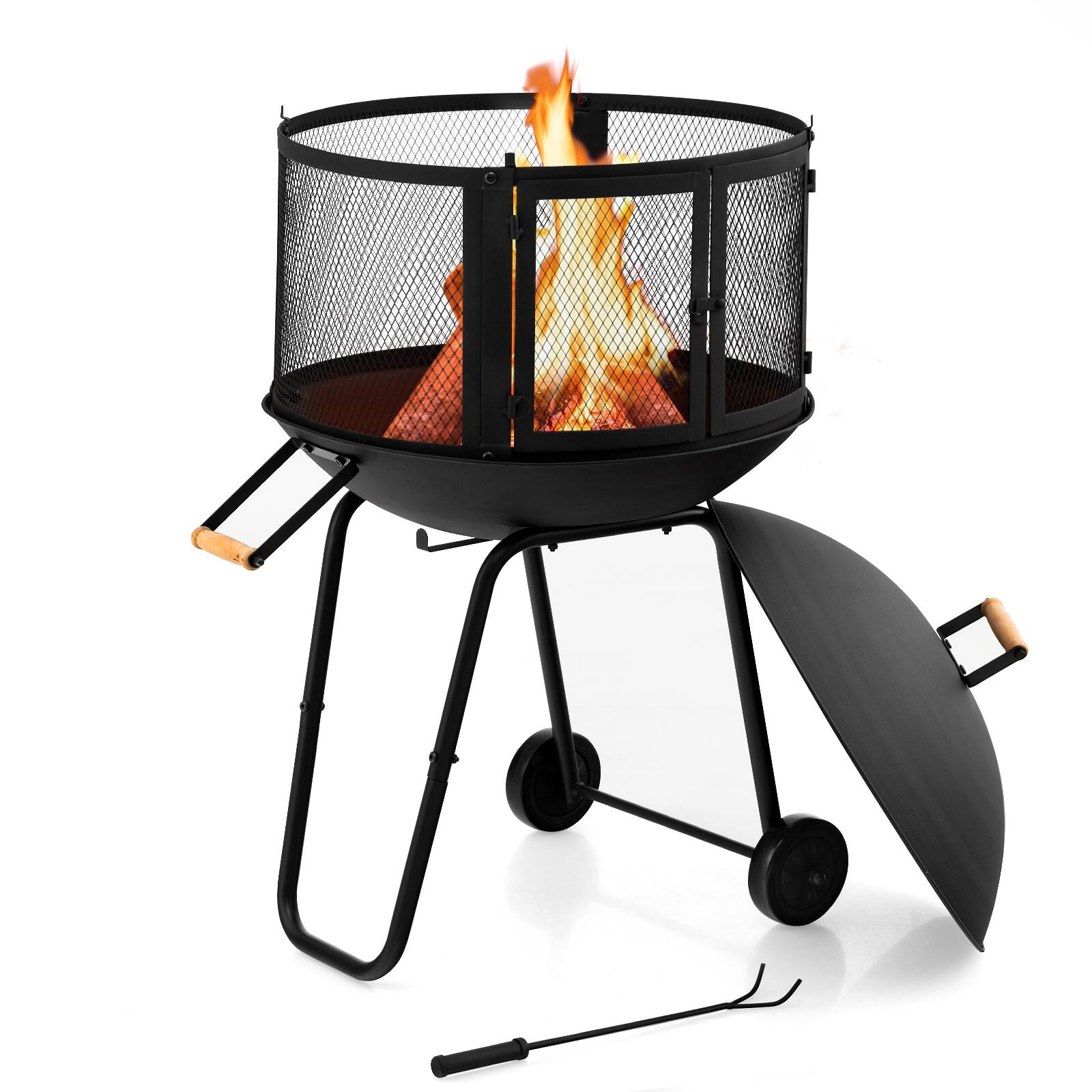 Alt View 19. Costway - 28" Patio Rolling Fire Pit Wood Burning Firepit w/ Wheels Mobile Fireplace - Black.