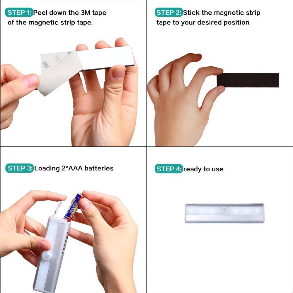 STEP 1: Peel down the 3M tape of the magnetic strip tape.

STEP 2: Stick the magnetic strip tape to your desired position.

STEP 3: Loading 2*AAA batteries

STEP 4: ready to use