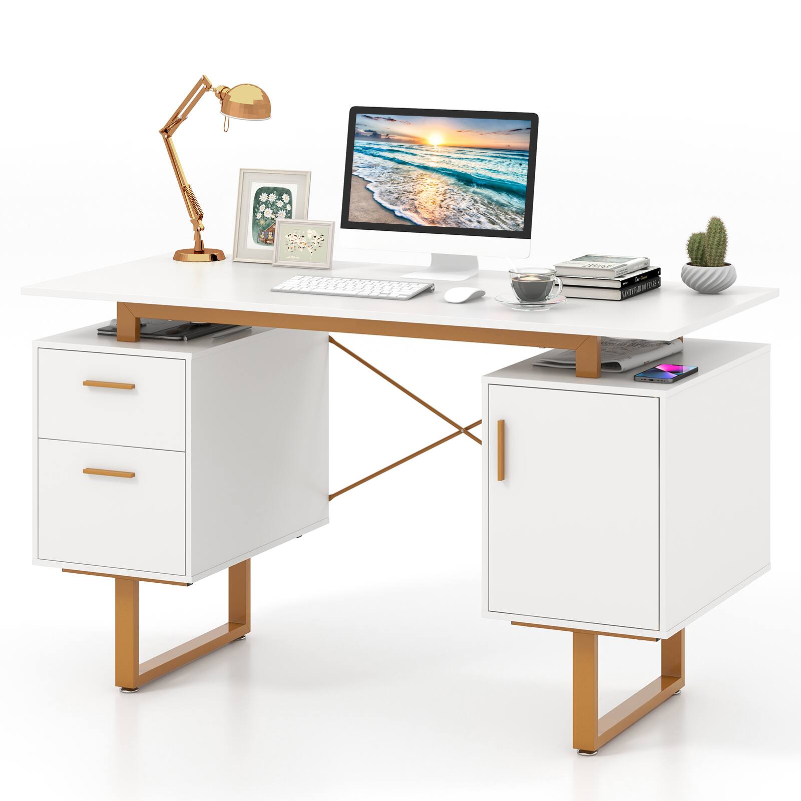 Back. SlickBlue - Computer Desk with Floating Desktop and Dual Drawers for Home or Office - White.
