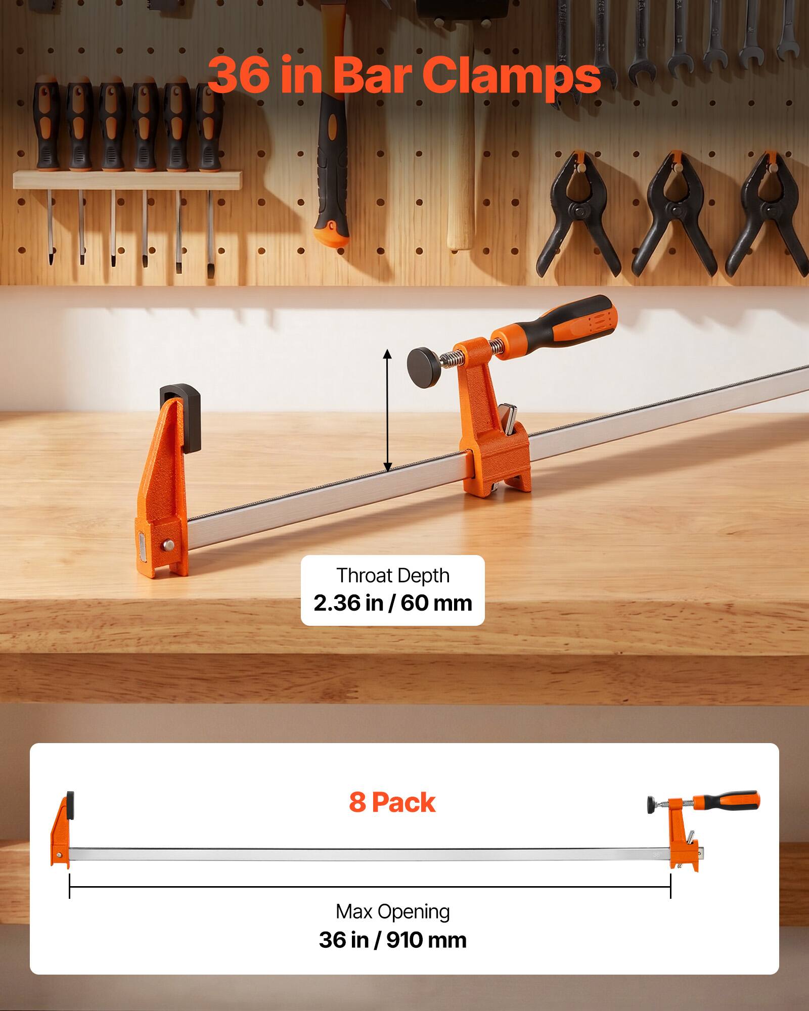 36 in Bar Clamps  
Throat Depth: 2.36 in / 60 mm  
8 Pack  
Max Opening: 36 in / 910 mm