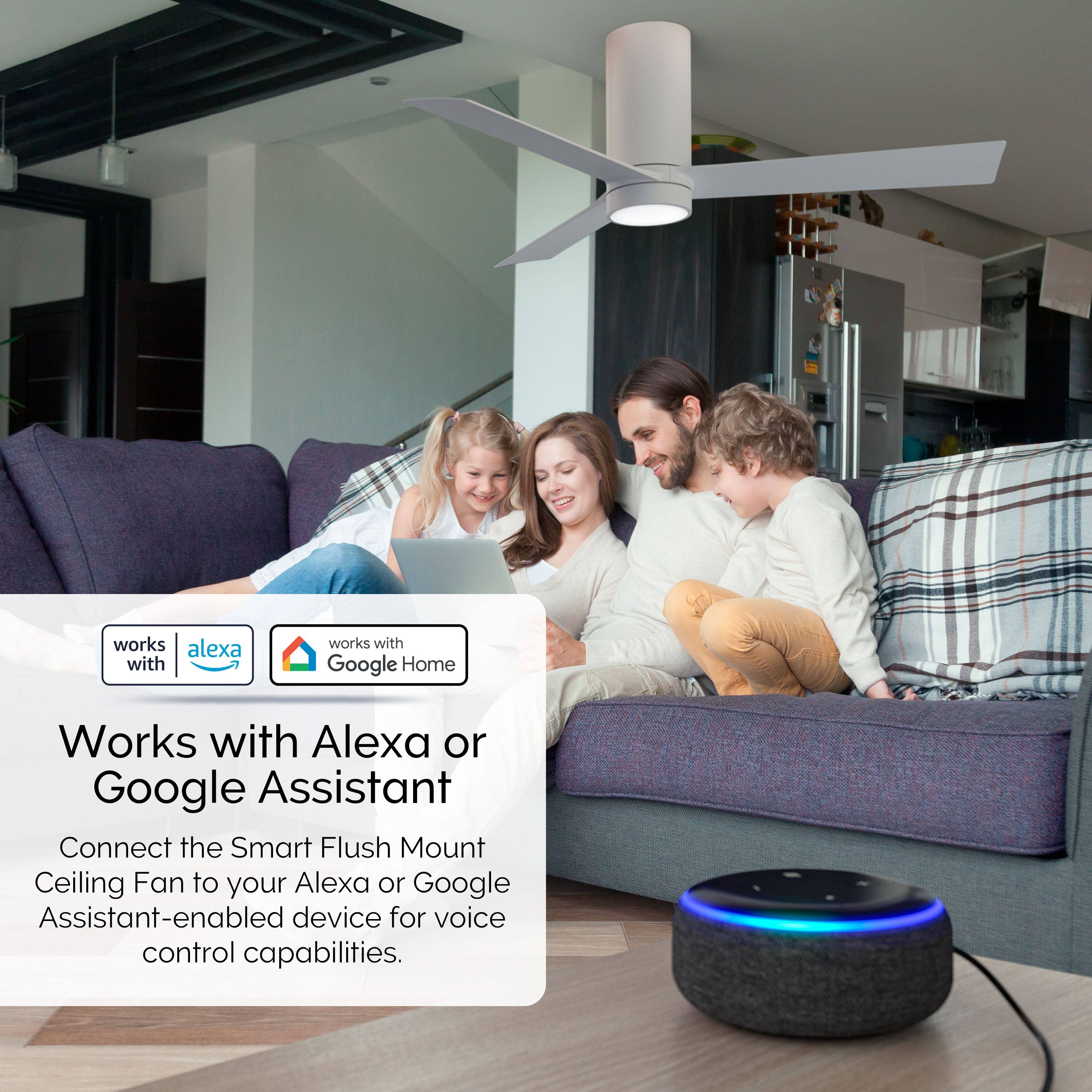 works with Alexa or Google Assistant, Connect the Smart Flush Mount Ceiling Fan to your Alexa or Google Assistant-enabled device for voice control capabilities.