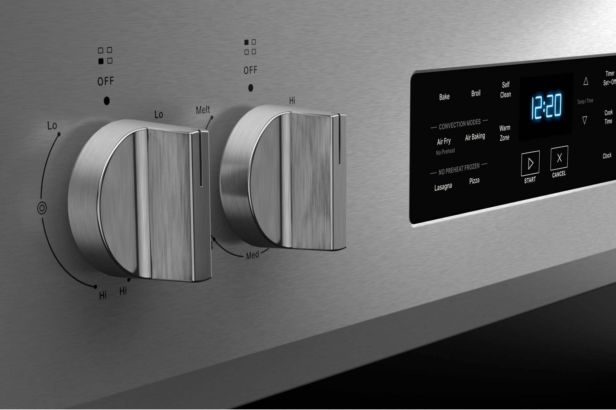 Lo o OFF Lo Melt OFF Hi Bake Broil CONVECTION MODES Air Baking Air Fry No Preheat PREHEAT FROZEN NO Pizza Lasagna Self Clean Warm Zone Tomp Tme 12:20 X CANCEL START Timer Set- Off Cook Time Clock Med Hi Hi
