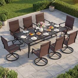 Costway - 9PCS Outdoor Dining Set, 76" Rectangular Patio Table with Umbrella Hole for Balcony - Black + Brown
