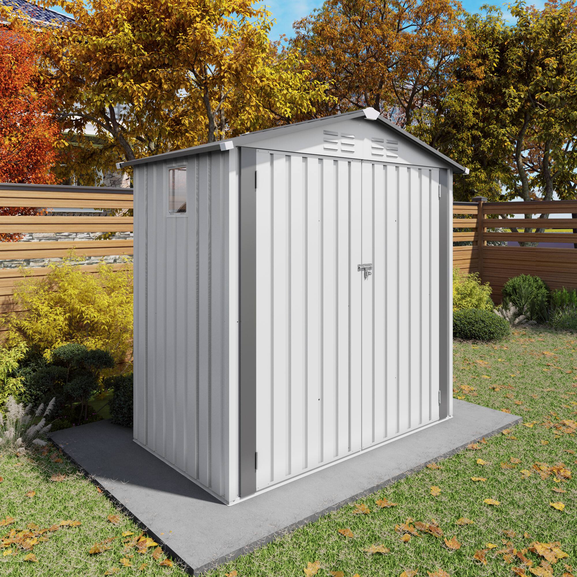 Angle. Mondawe - 6X4FT Metal Storage Shed with Peaked Roof Waterproof,Clear Window and Lockable Door - White+gray.
