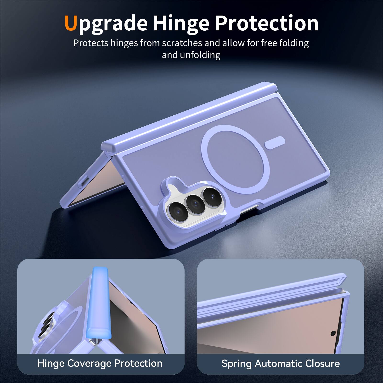 Upgrade Hinge Protection  
Protects hinges from scratches and allow for free folding and unfolding  

Hinge Coverage Protection  

Spring Automatic Closure