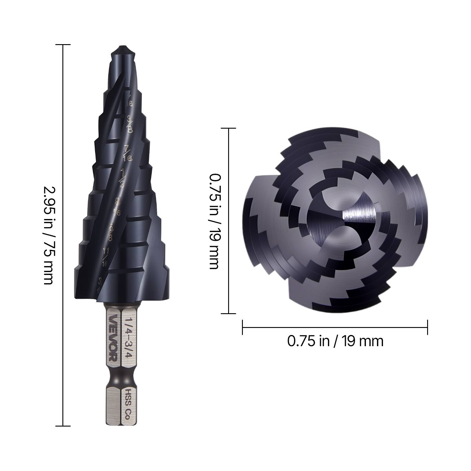 2.95 in / 75 mm  
0.75 in / 19 mm  
VEVOR 1/4-3/4 HSS Co