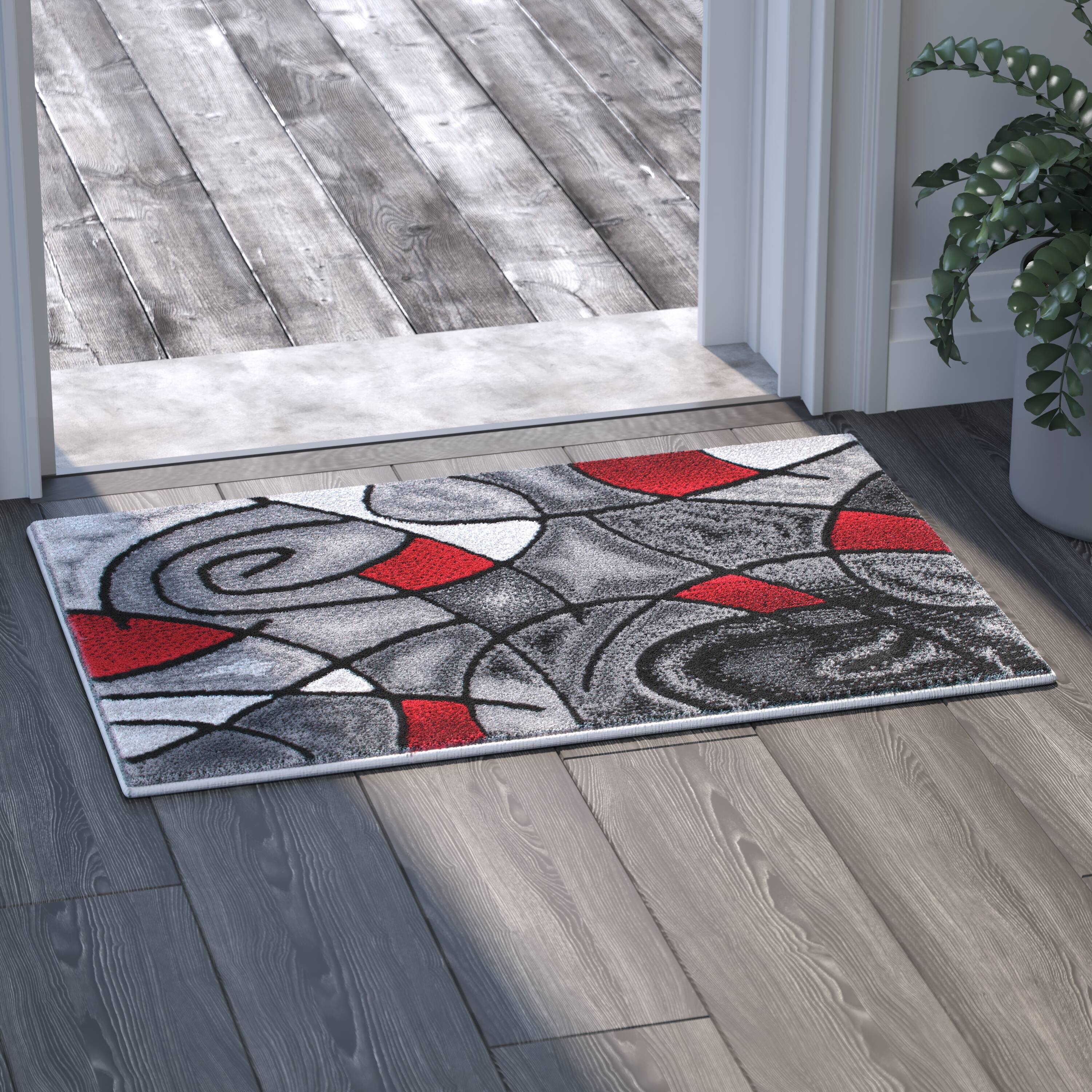 Alt View 2. Emma + Oliver - Urbane Contemporary Abstract Geometric Olefin Accent Rug in Gradient Shades with Natural Jute Backing - Red.