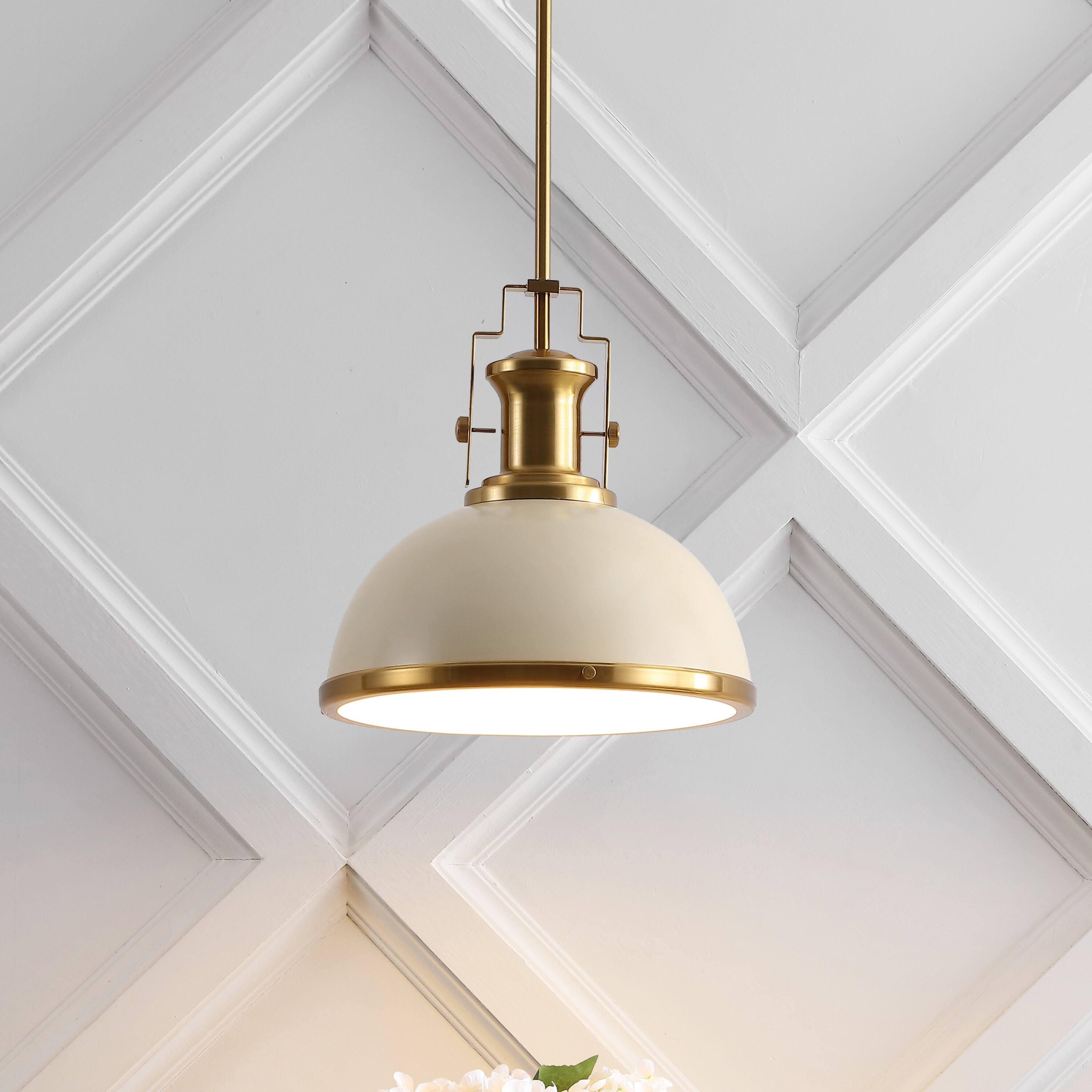 Alt View 1. Jonathan Y - Homer 13" 1-Light Modern Industrial Metal LED Dome Pendant, Almond/Brass Gold - Almond/Brass Gold.
