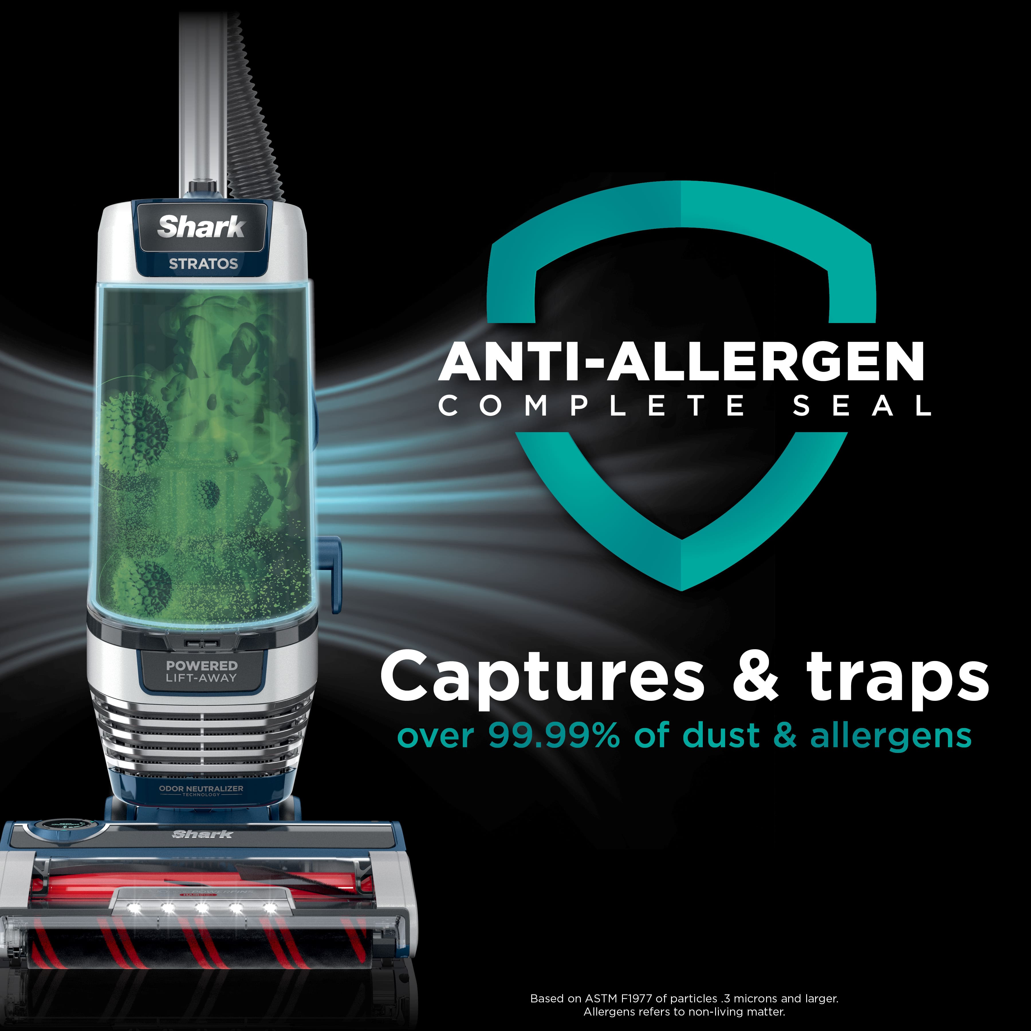 Shark Anti-Allergen Complete Seal: Captures & Traps Over 99.99% of Dust & Allergens. Based on ASTM F1977 of Particles 3 Microns and Larger. Allergens refer to non-living matter.