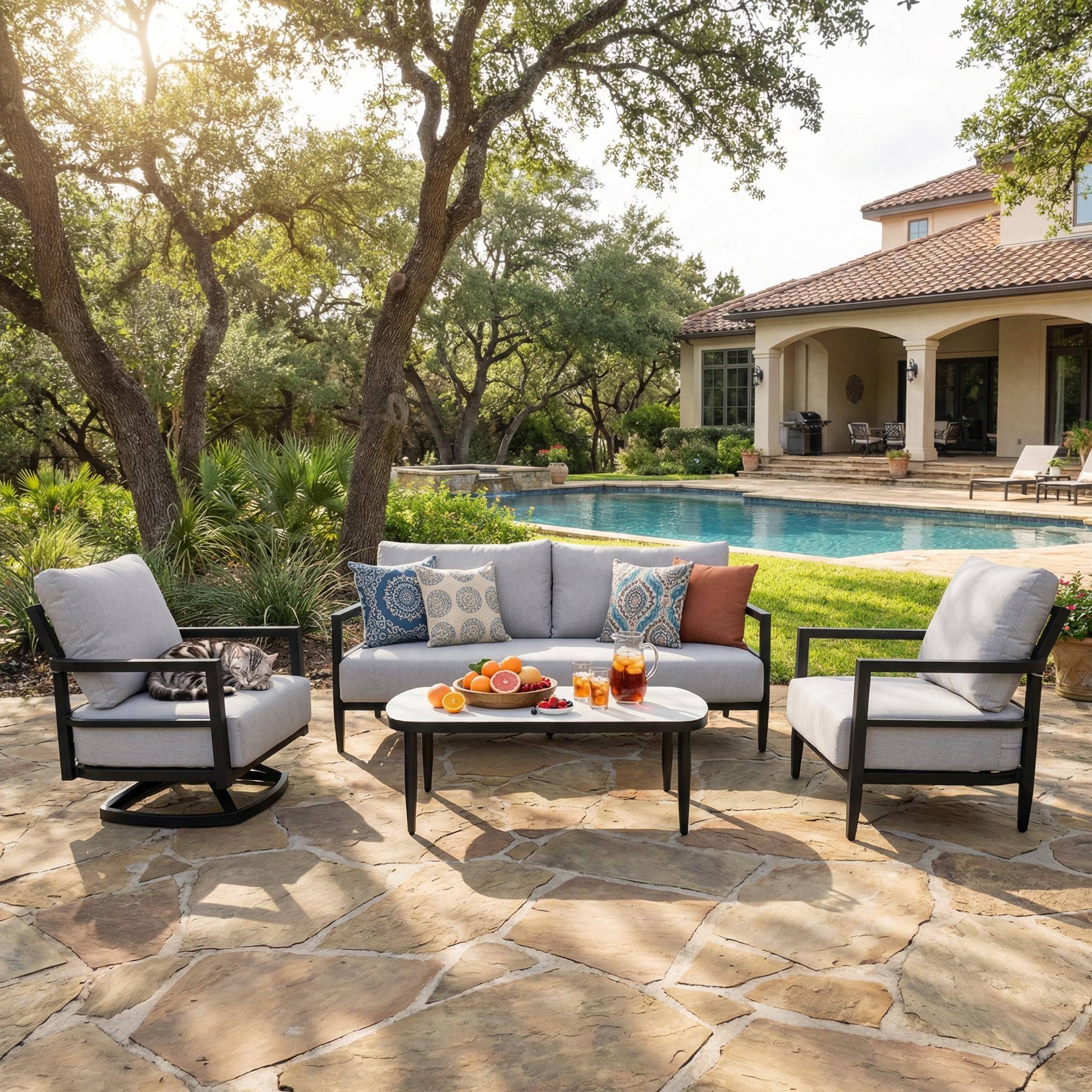 Left. Mondawe - 4-Piece Outdoor Conversation Set with Swivel Chair, Club Chair, Bench Sofa, Coffee Table, and Sunbrella Cushions - Ember Black+Grey.