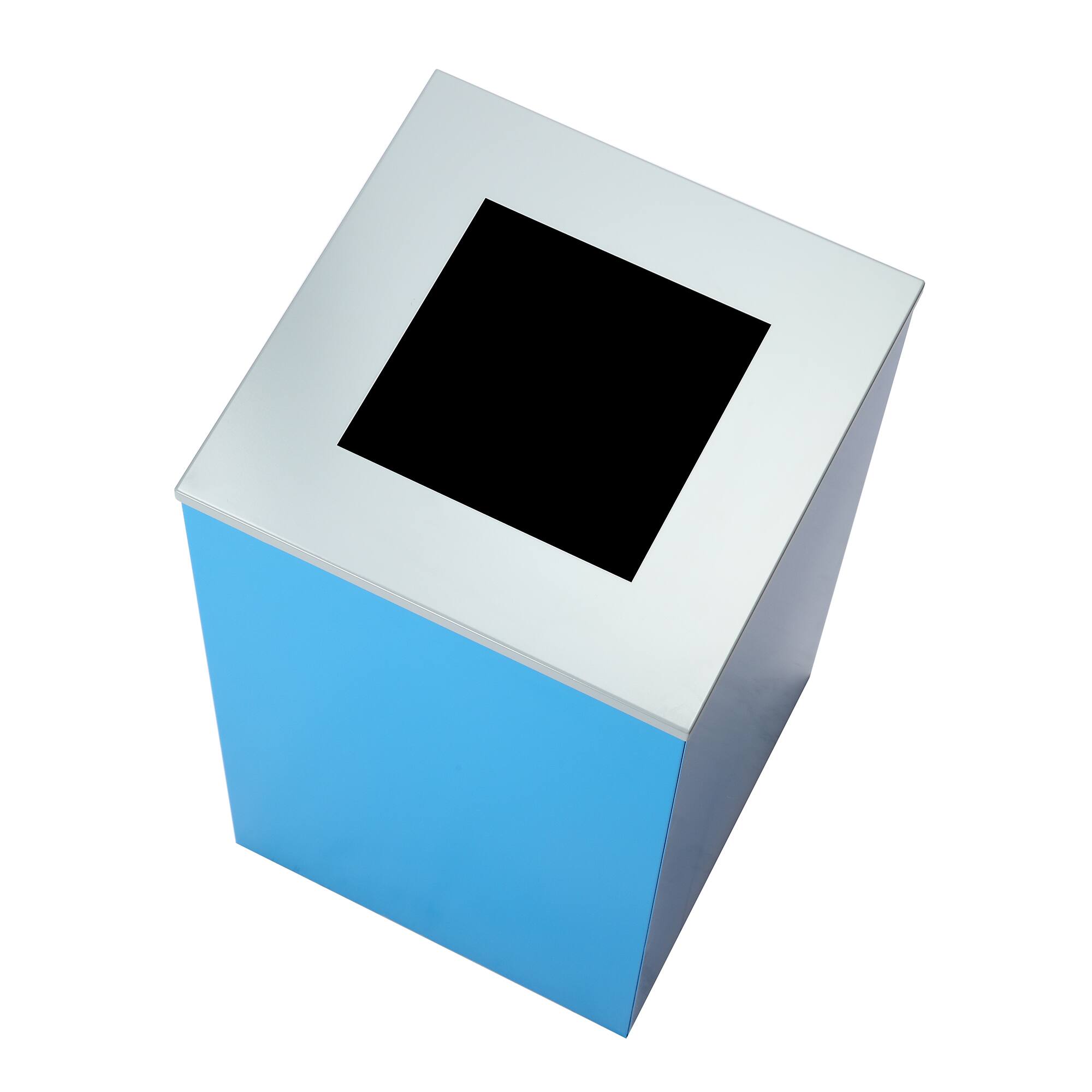 Left. Alpine Industries - 29 Gallon Steel Open Top Recycling and Trash Can Receptacle Set, 2-Pack - Black; Blue.