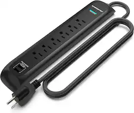 Monster - 6ft Heavy Duty Power Strip and Tower Surge Protector, 1200 Joule Rating, 6 120V-Outlets, and 2 USB-A Ports - Black