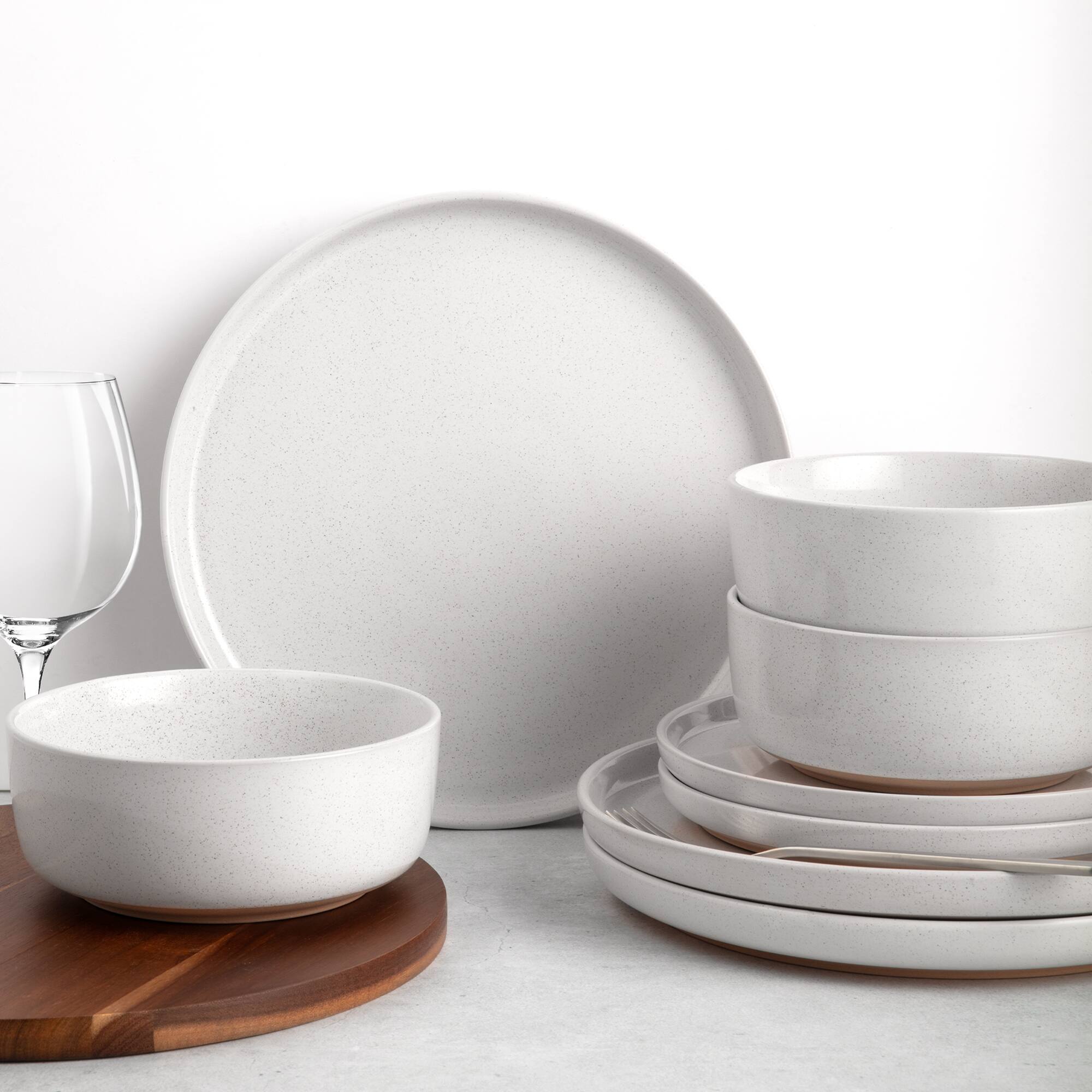 Left. Zulay Kitchen - Zulay Kitchen Terra Stoneware 16-Piece Dinnerware Set, Artisanal Ceramic Plates and Bowls Set Crafted at 2300℉ - White.
