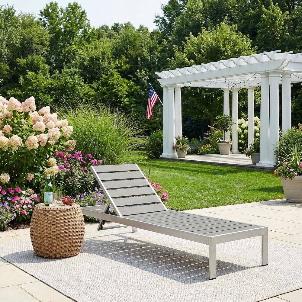 Left. Outdoor Escape - Aluminum Outdoor Lounge Chair With Adjustable Backrest And Cushioned Seat - Gray.
