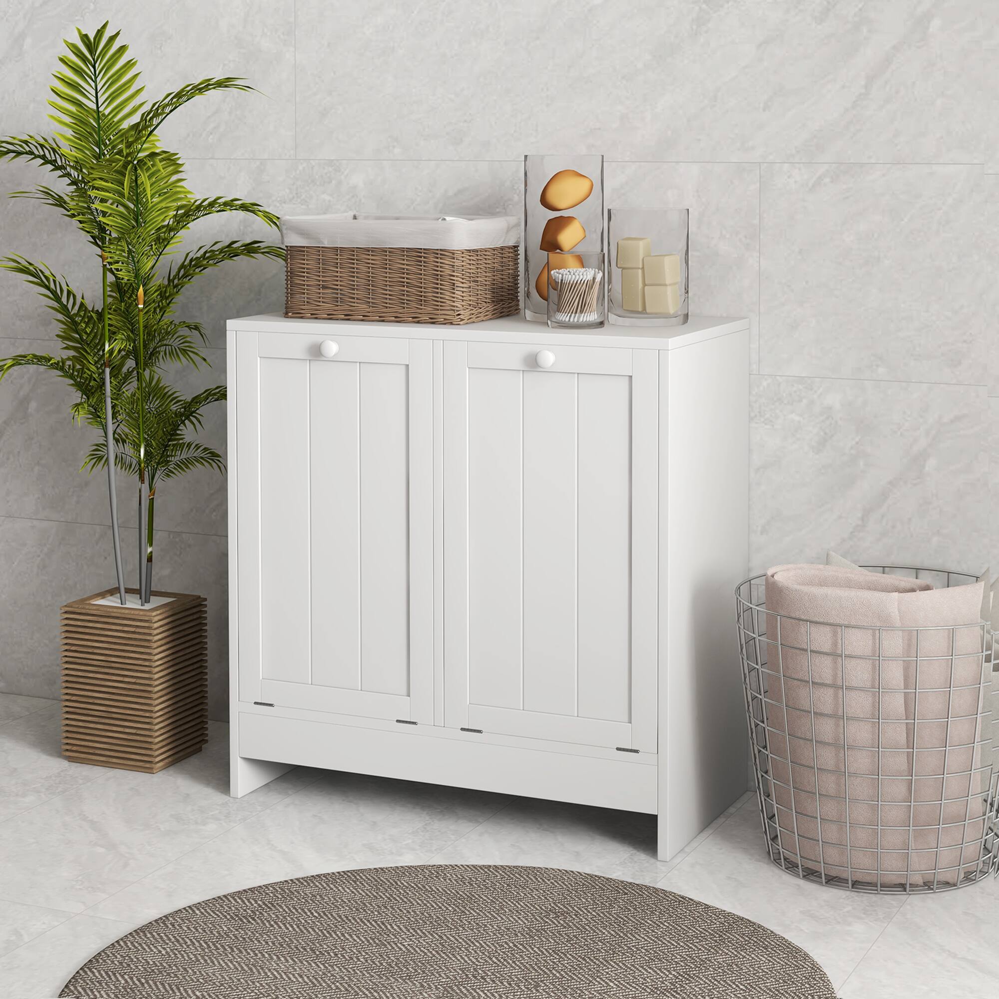 Alt View 1. Kleankin - Laundry Storage Cabinet with 2 Compartment Hampers - White.