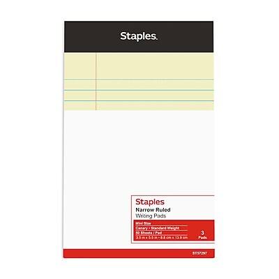Staples  
Staples Narrow Ruled Writing Pads Mini Size Canary Standard Weight 50 Sheets Pad 35 3 Pads ST57297  

Staples  
Writing Pads  
Mini Size  
Narrow Ruled  
30 Sheets  
Country: Finland  
Weight: 80 g  
Dimensions: 130 x 190 mm  
3 Pads  
ST17297