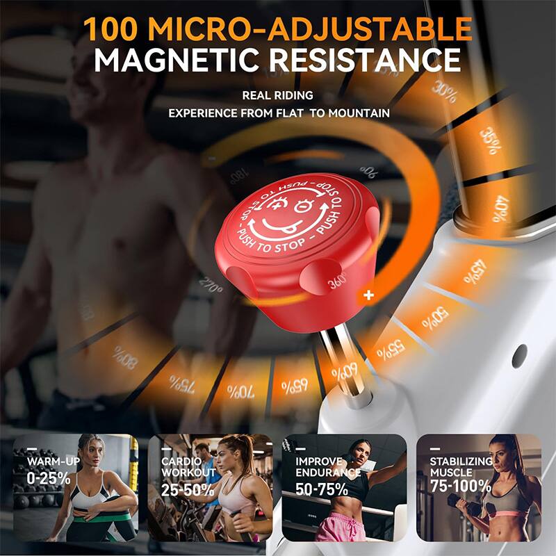 100 MICRO-ADJUSTABLE MAGNETIC RESISTANCE  
REAL RIDING  
EXPERIENCE FROM FLAT TO MOUNTAIN  

- 0-25% WARM-UP  
- 25-50% CARDIO WORKOUT  
- 50-75% IMPROVE ENDURANCE  
- 75-100% STABILIZING MUSCLE  

30%  
35%  
40%  
45%  
50%  
55%  
65%  
70%  
75%  
80%  
85%  
90%  
95%