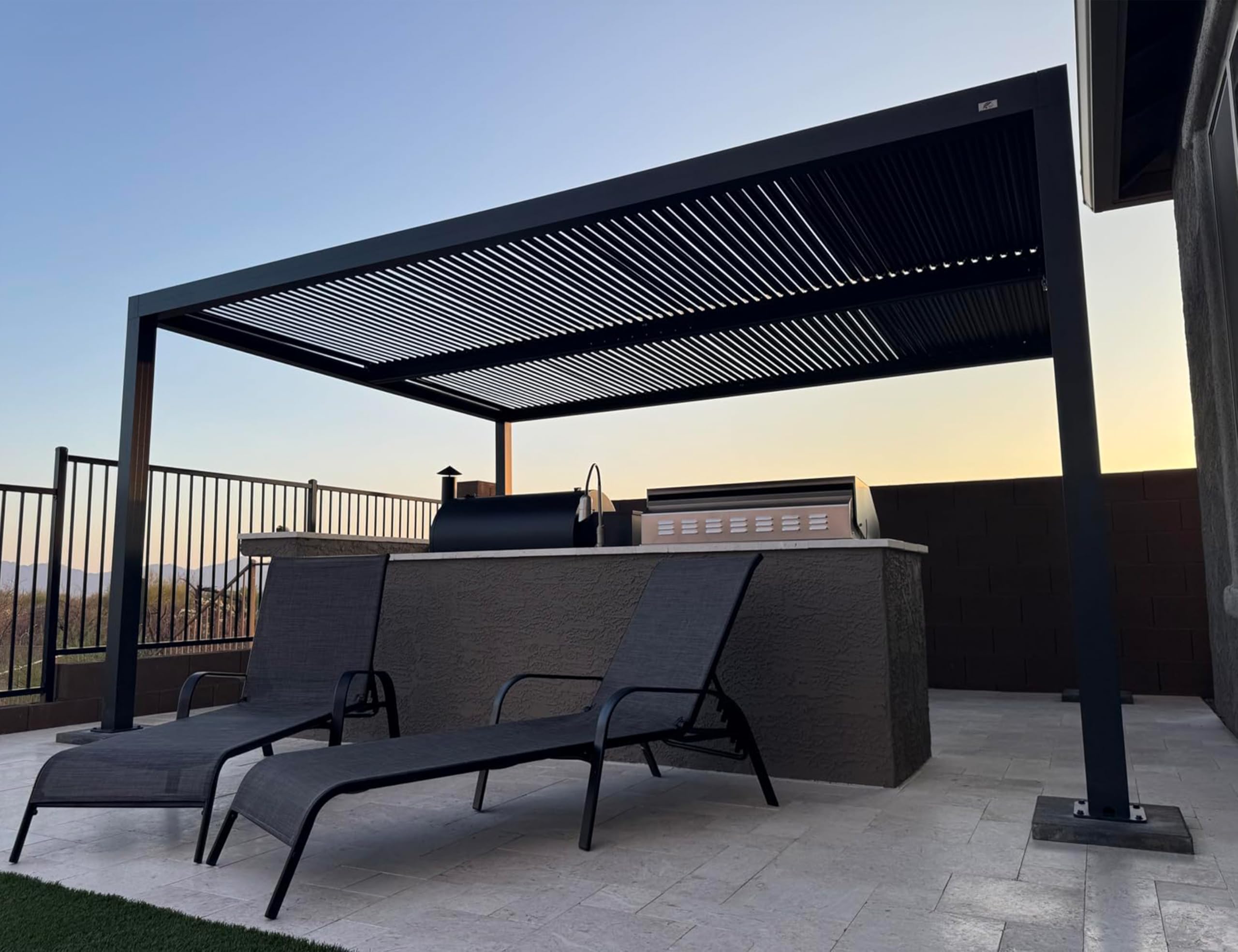 Angle. PURPLE LEAF - Louvered Pergola Outdoor Gray Aluminum Pergola with Adjustable Roof for Deck Backyard Garden Hardtop Gazebo - 12' X 14'.