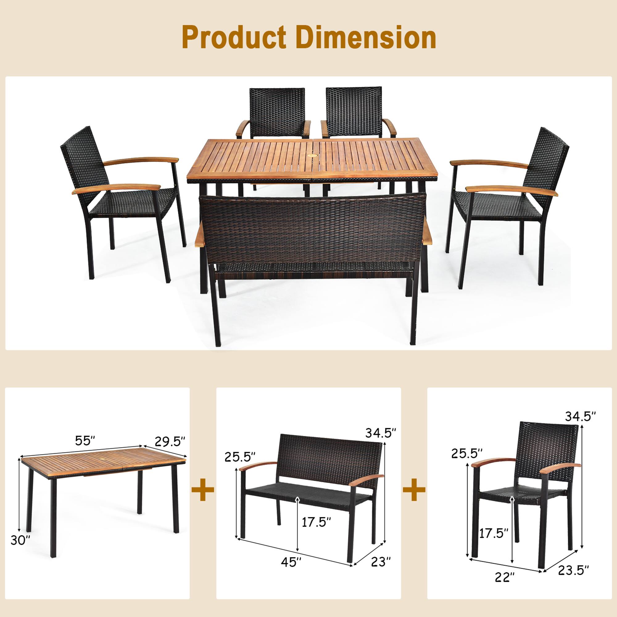 Product Dimension

- Table: 55" (L) x 30" (W) x 29.5" (H)
- Bench: 45" (L) x 23" (W) x 34.5" (H)
- Chair: 25.5" (H) x 22" (W) x 23.5" (D)
