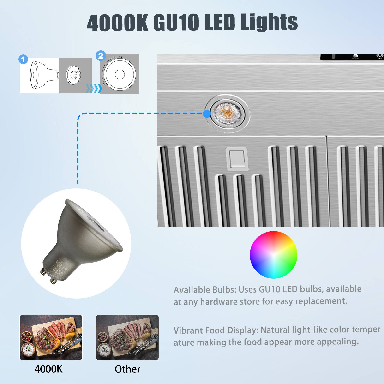 4000K GU10 LED Lights

Available Bulbs: Uses GU10 LED bulbs, available at any hardware store for easy replacement.

Vibrant Food Display: Natural light-like color temperature making the food appear more appealing.

4000K Other
