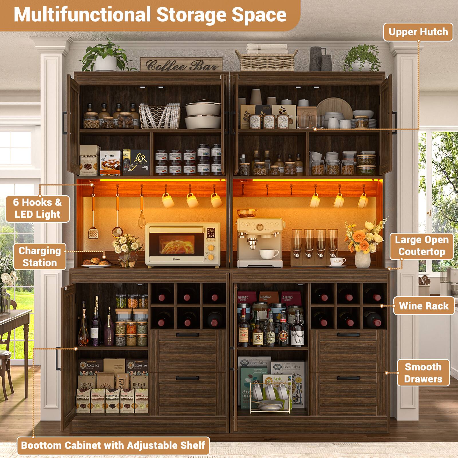 Multifunctional Storage Space Upper Hutch Coffee Bar 2 LILUNAS - 6 Hooks & LED Light Charging Station: Large Open Countertop Wine Rack - 3 Smooth Drawers | Bottom Cabinet with Adjustable Shelf