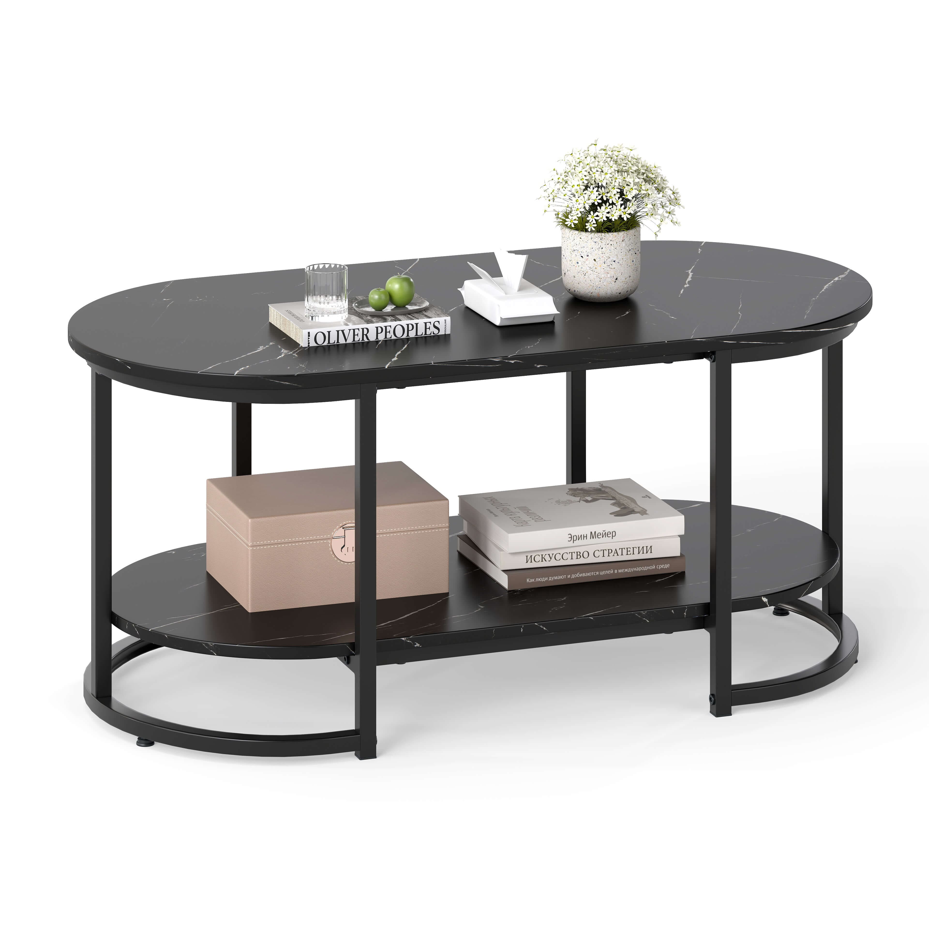 Costway - White Marble Coffee Table Modern 2-Tier Center Table with Open Storage Shelf - Black Marble Pattern
