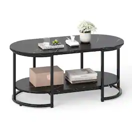 Costway - White Marble Coffee Table Modern 2-Tier Center Table with Open Storage Shelf - Black Marble Pattern
