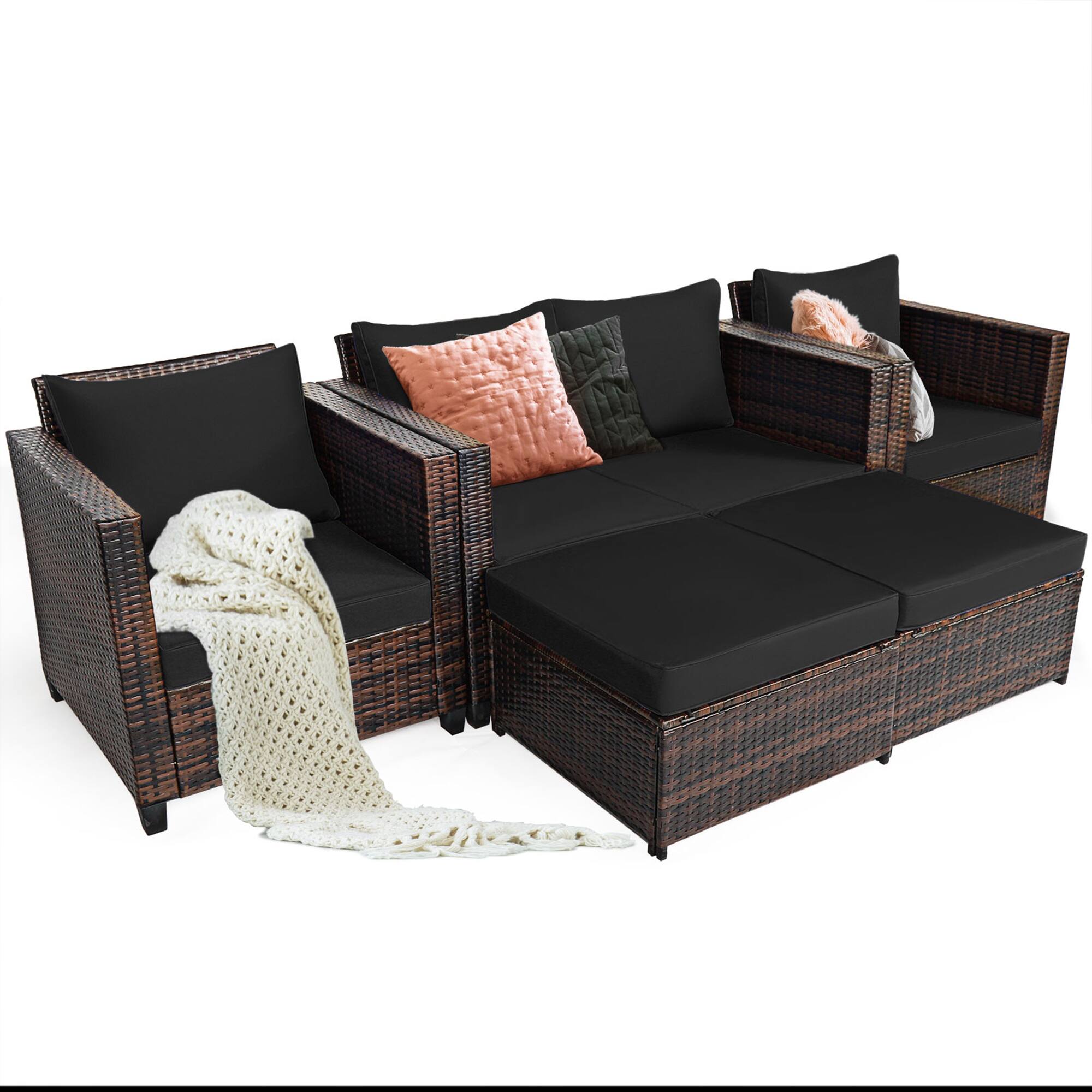 Alt View 1. Gymax - Gymax 5PCS Outdoor Patio Rattan Conversation Sofa Furniture Set w/ Black Cushions - Black.