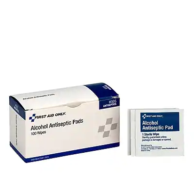 **First Aid Only**
**Alcohol Antiseptic Pads**
100 Wipes
**H305**
**Antiseptics J Only**
**Alcohol Antiseptic Pad**
1 Sterile Wipe
**Sterility Guaranteed**
**Unique Package**
**Do not use if package is damaged or opened.**