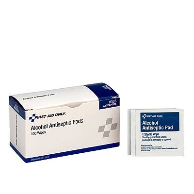 **First Aid Only**

**Alcohol Antiseptic Pads**
100 Wipes

**H305**

**Antiseptics J Only**

**Alcohol Antiseptic Pad**
1 Sterile Wipe

**Sterility Guaranteed**

**Unique Package**

**Do not use if package is damaged or opened.**