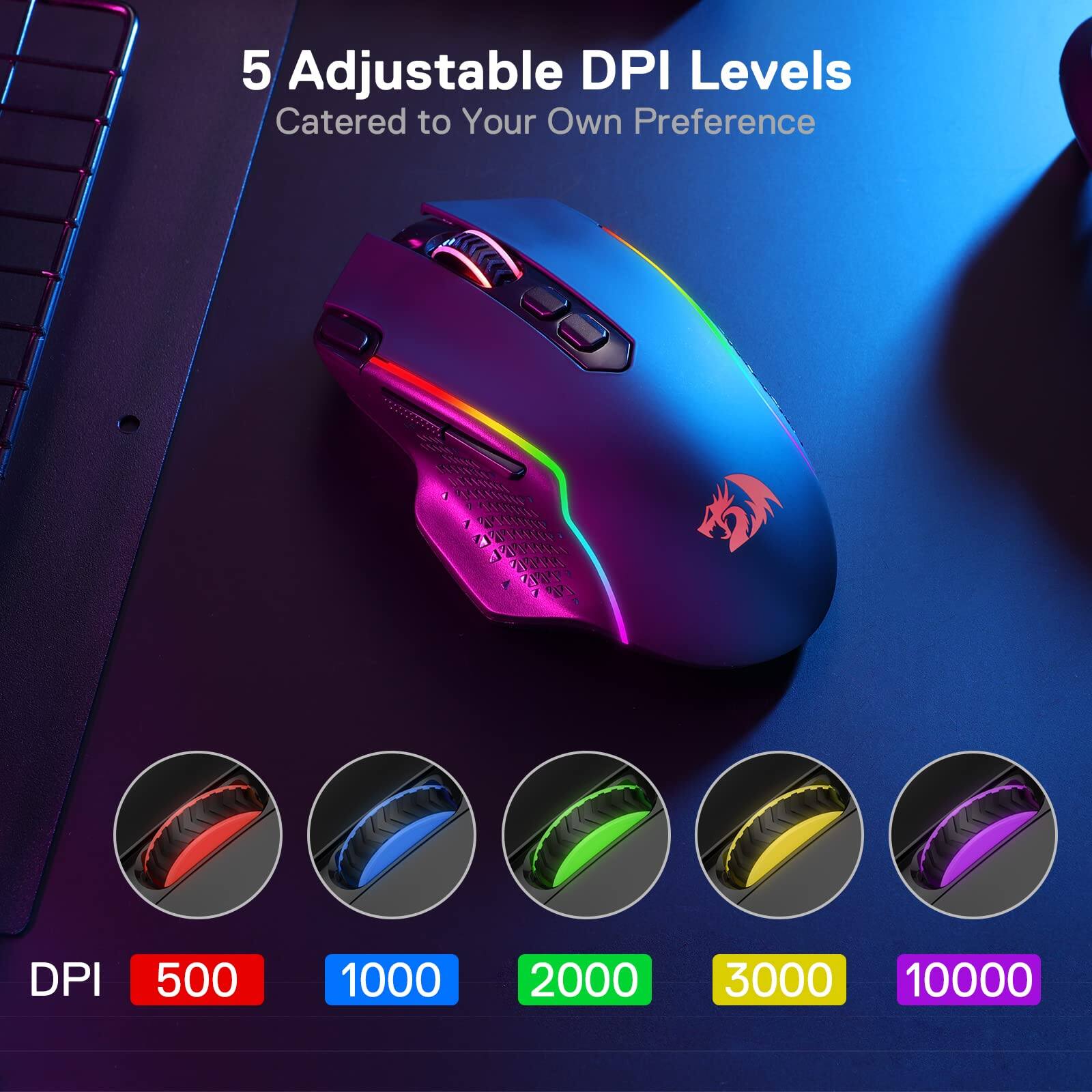 5 Adjustable DPI Levels  
Catered to Your Own Preference  

DPI  
500  
1000  
2000  
3000  
10000