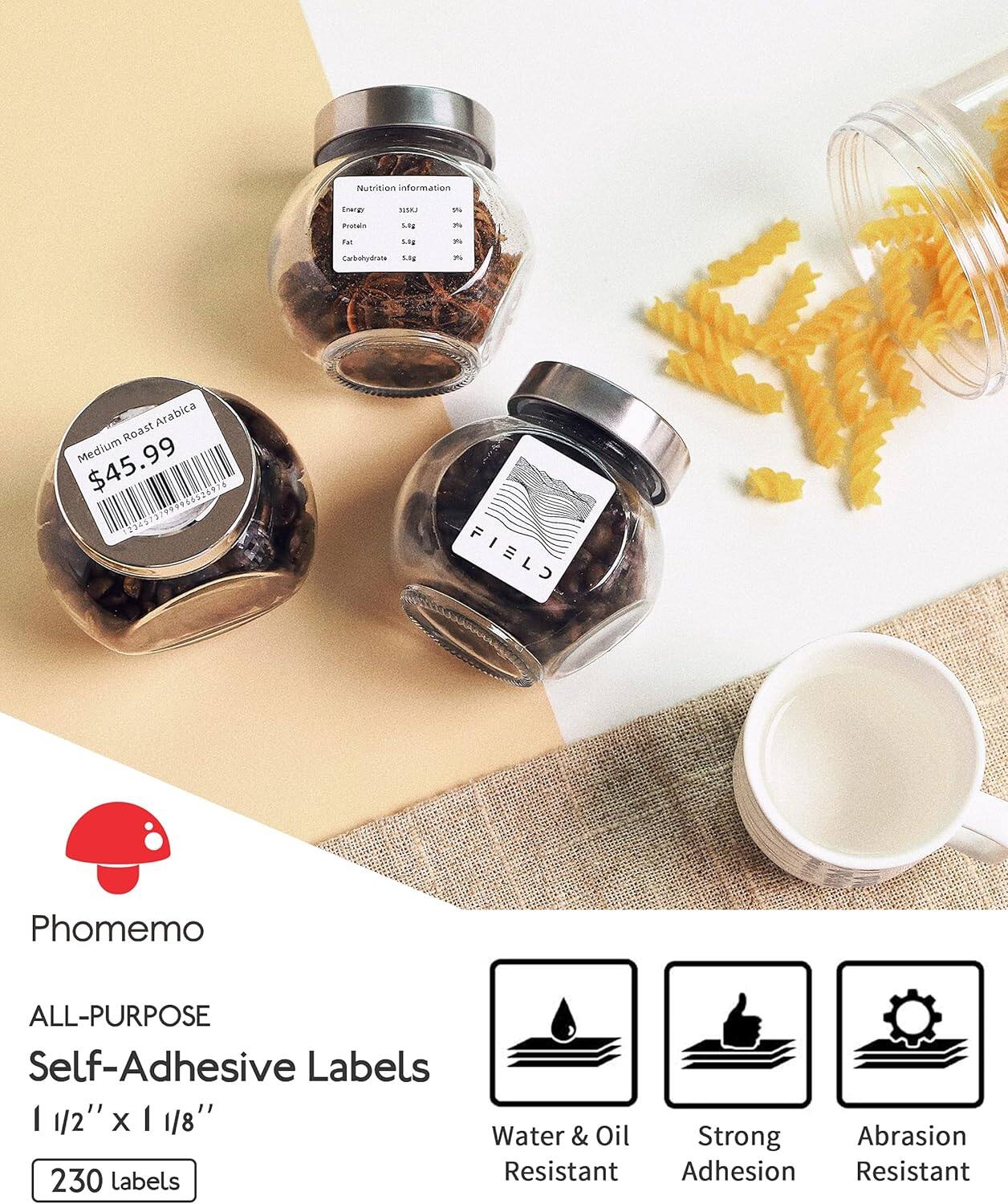 **Nutrition Information**  
Energy 218kJ 5%  
Fat 0g 0%  
Protein 5g 2%  
Carbohydrate 5.5g  

**Medium Roast Arabica**  
$45.99  

**Phomemo**  
ALL-PURPOSE  
Self-Adhesive Labels  
1 1/2" x 1 1/8"  
230 labels  

**Water & Oil Resistant**  
**Strong Adhesion**  
**Abrasion Resistant**