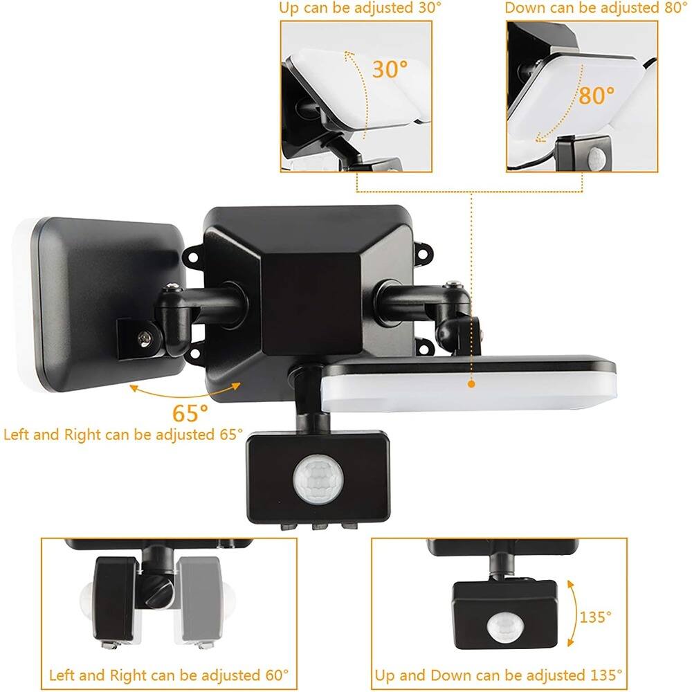 - Up can be adjusted 30°
- Down can be adjusted 80°
- Left and Right can be adjusted 65°
- Left and Right can be adjusted 60°
- Up and Down can be adjusted 135°