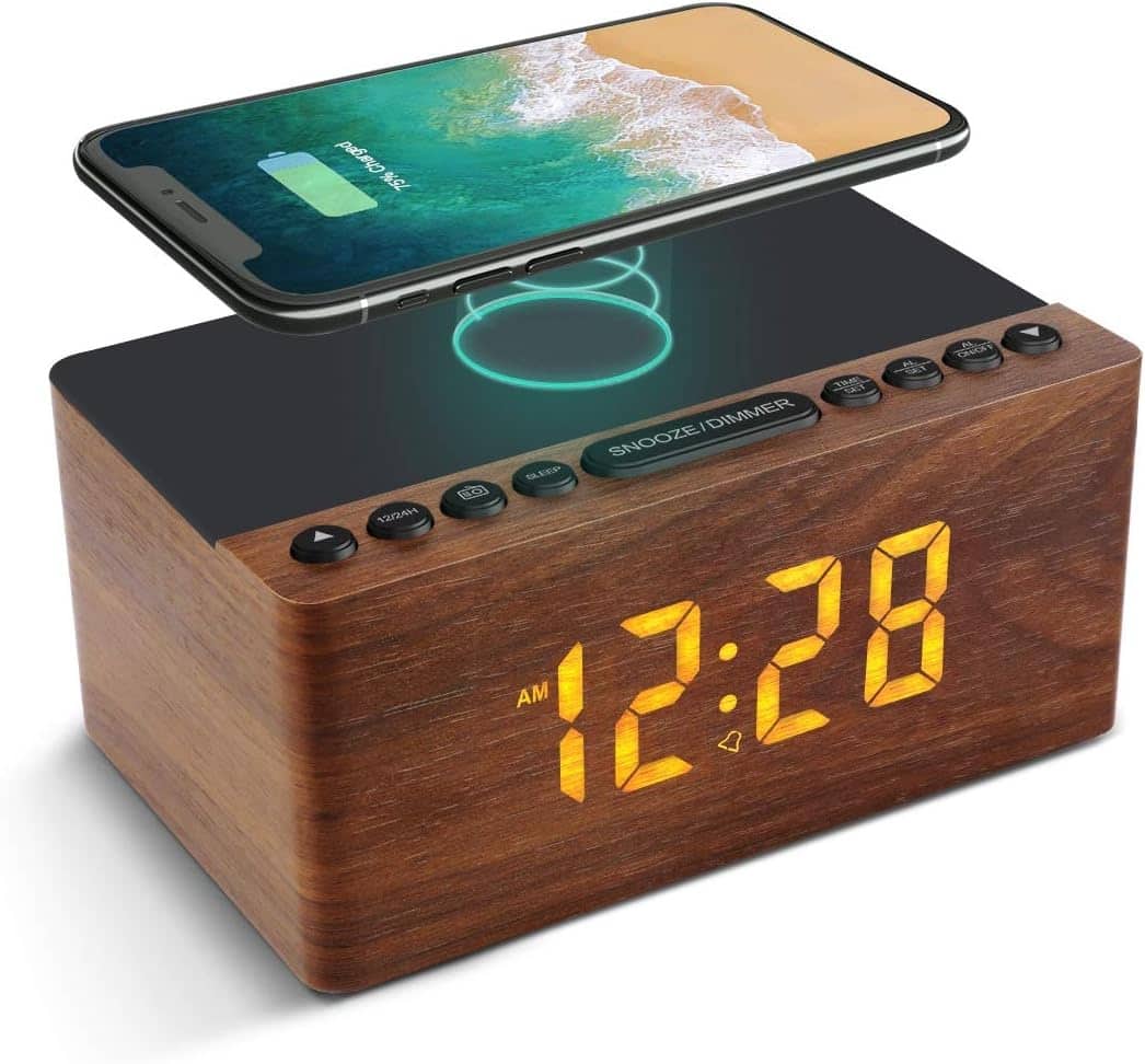 Dazzed Corner - Wooden Digital LED Alarm Clock FM Radio,Wireless Charger Station,USB Charging Port - Brown