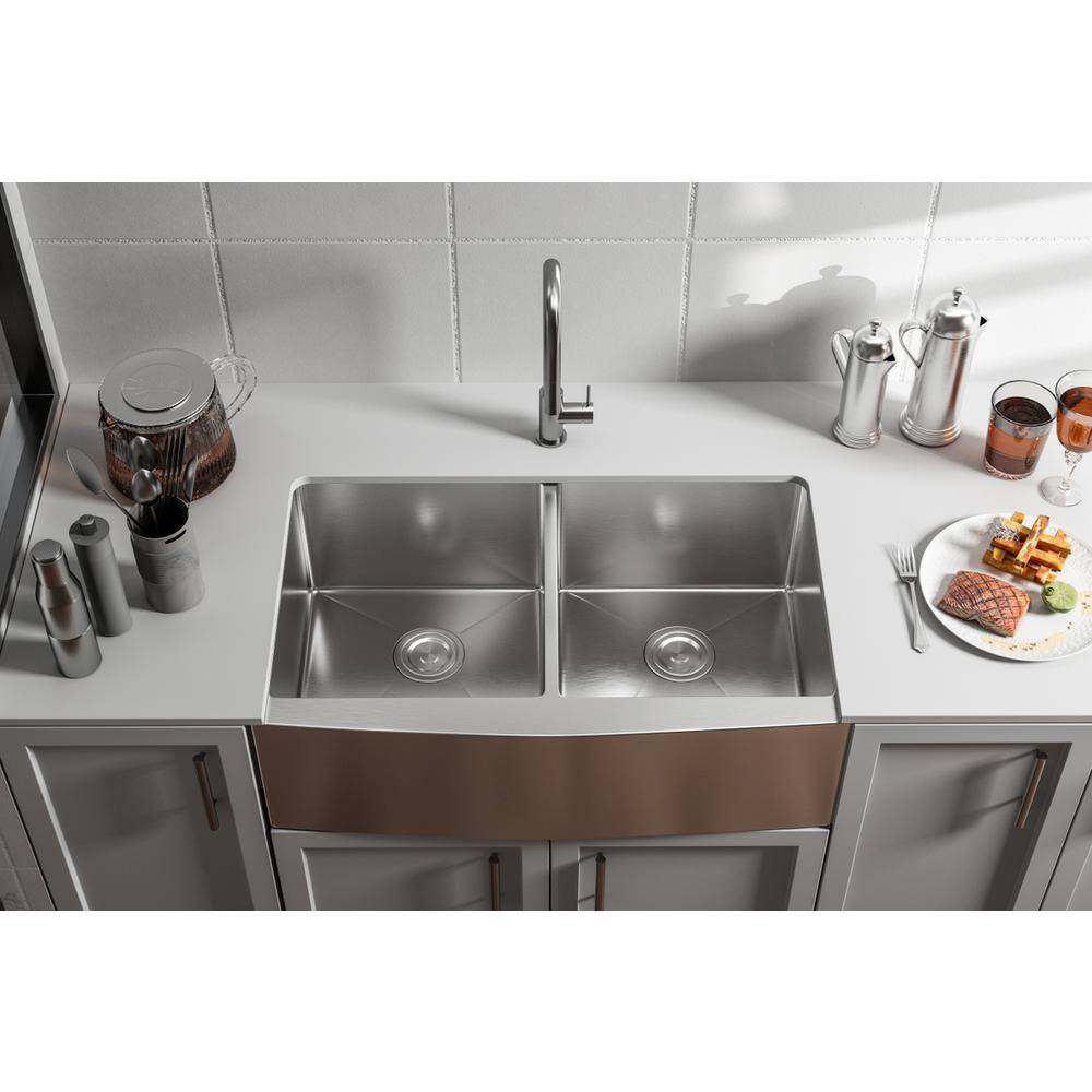 Alt View 2. Elegant Kitchen and Bath - Stainless Steel farmhouse kitchen double sink L33'' x W21'' x H10" - Stainless Steel.