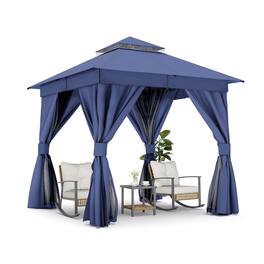 Yardgrace - 8x8 FT Outdoor Heavy Duty Metal Frame Gazebo Double Roof Mosquito Net Privacy Screen Patio Backyard Garden - Navy Blue