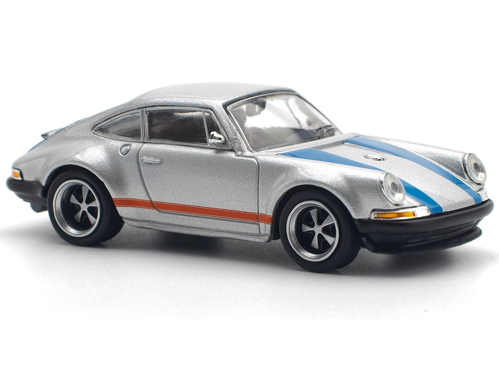 Back. Pop Race - Singer 964 Silver Metallic with Blue and Red Stripes 1/64 Diecast Model Car by Pop Race - Silver Metallic with Blue and Red.