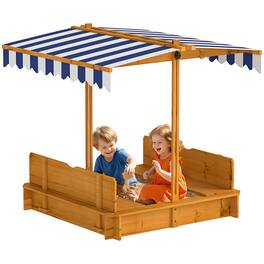 Outsunny - Wooden Sandbox with Lid, Kids Sandbox with Canopy Outdoor, Sand Box with Foldable Bench Seats and Sand Protection