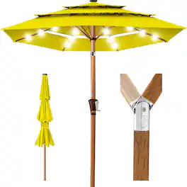 Best Choice Products - Woodgrain Pattern 10ft 3-Tier Solar Patio Umbrella w/ 24 LED Lights, Tilt - Yellow