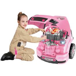 Ecooso - Mechanic Car Service Play Toy, Engine Disassembly Workshop with 61 Pieces, Steering Wheel, and Light - Pink