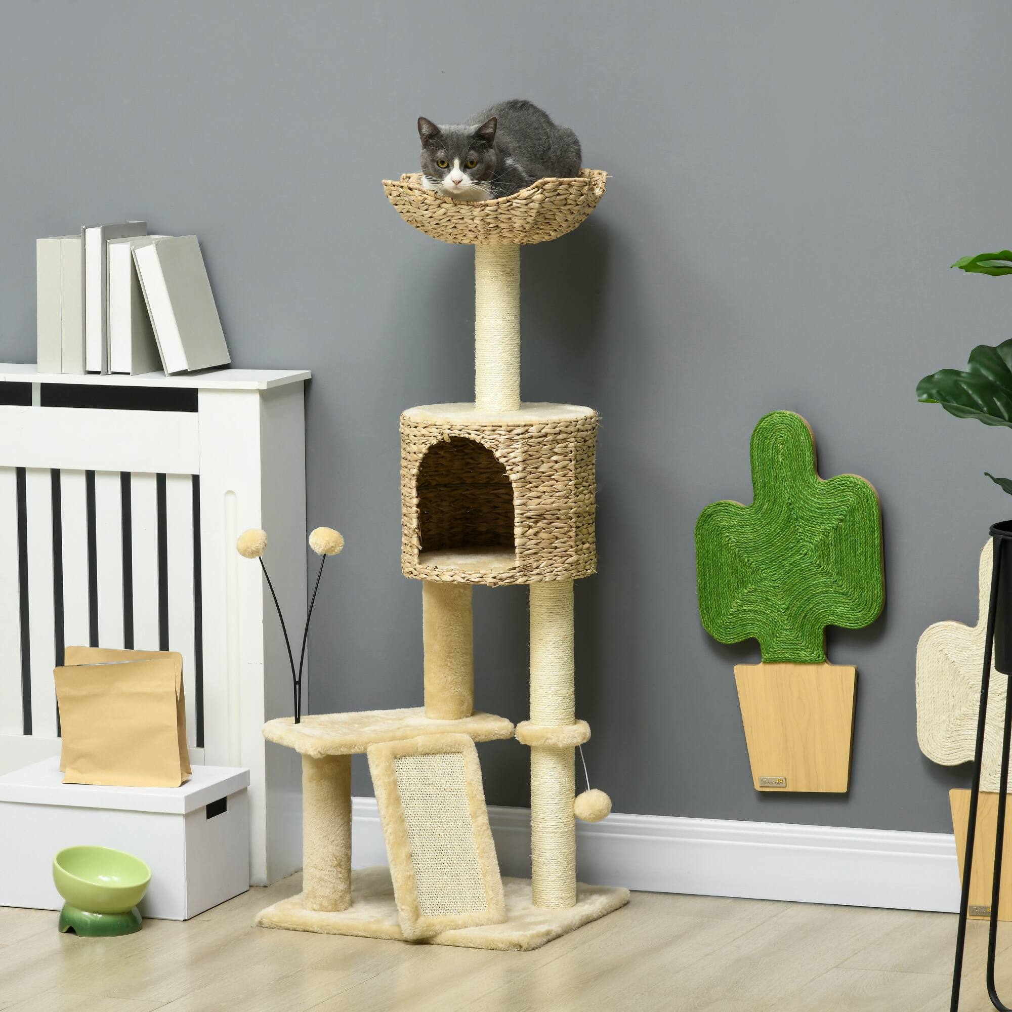 Angle. Pawhut - 45" Cat Tree for Indoor Cats, Tower with Scratching Posts, Ramp, Condo, Toy Balls, Platforms, Bed - Beige.